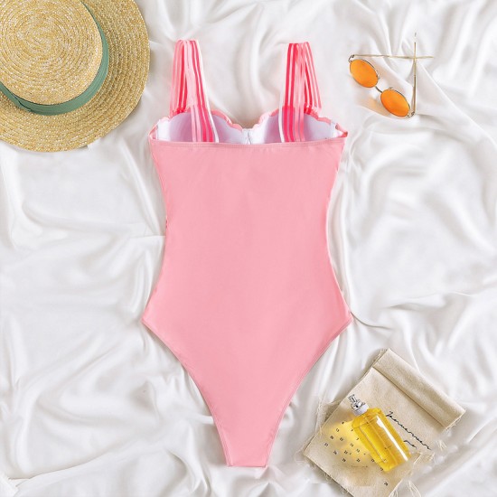 One-piece swimsuit women's pink wide strap tight one-piece